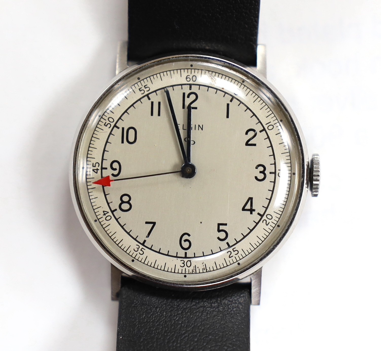 A gentleman's WWII stainless steel Elgin military wristwatch, the case back engraved 'Major J.M. Kelly US Marines, with Arabic dial, case diameter 30mm, on later associated leather strap.